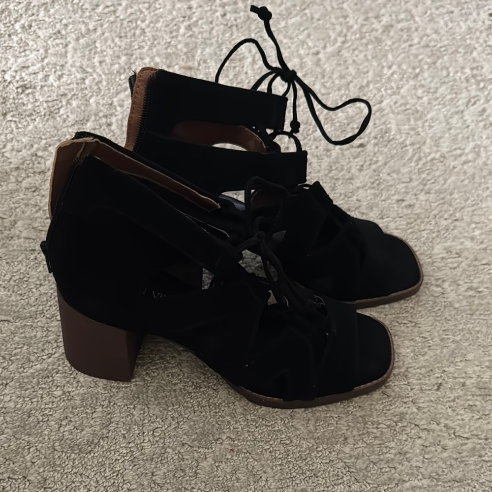 Crown Vintage Black Lace-Up Ankle Booties with Brown Heels